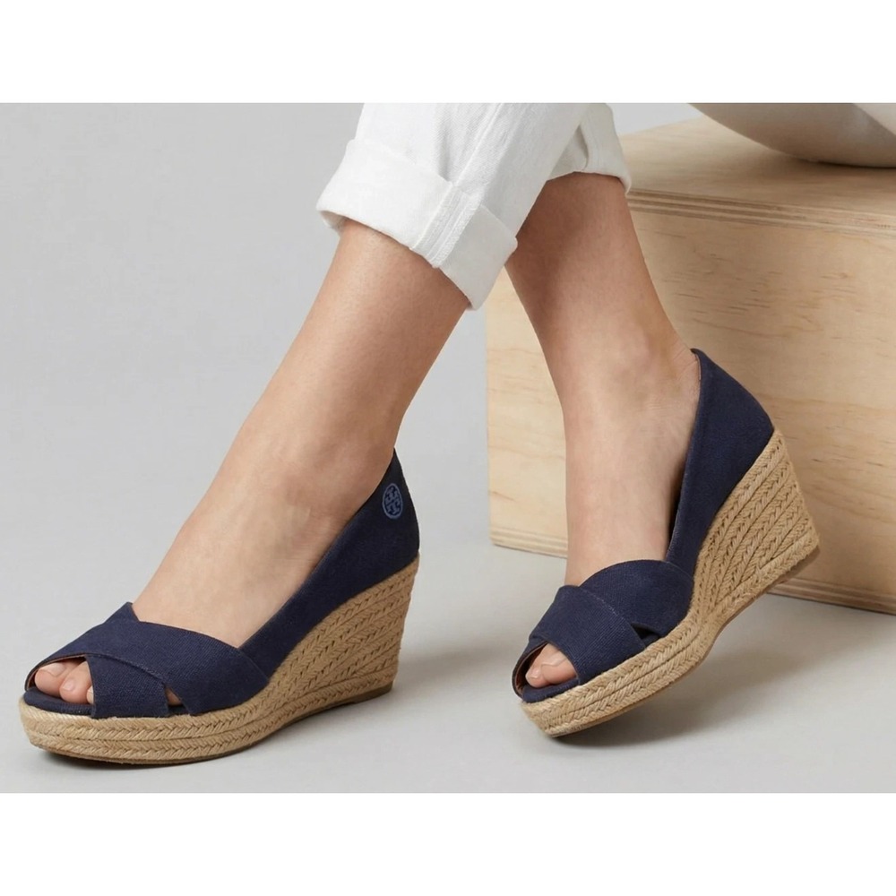 NEW Tory Burch Women's Filipa Navy Blue Wedge Espadrilles Wedges Shoes size 10